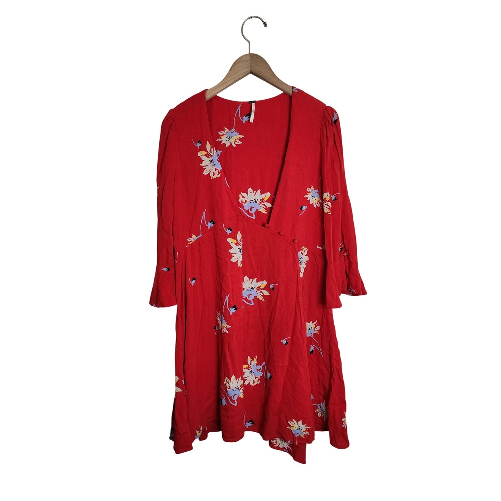 Free People Mini Dress Womens Large Red Floral V-Neck Bell Sleeve Faux Wrap